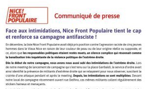 Face aux intimidations, Nice Front Populaire tient le cap et renforce sa campagne antifascite !